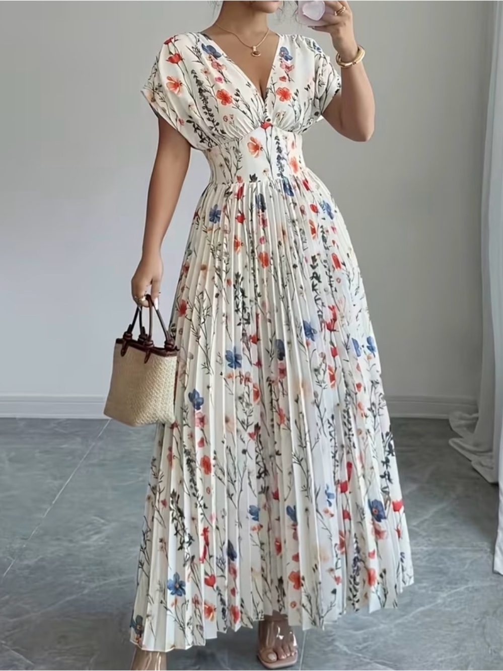 Women's Cream Floral Pleated Maxi Dress